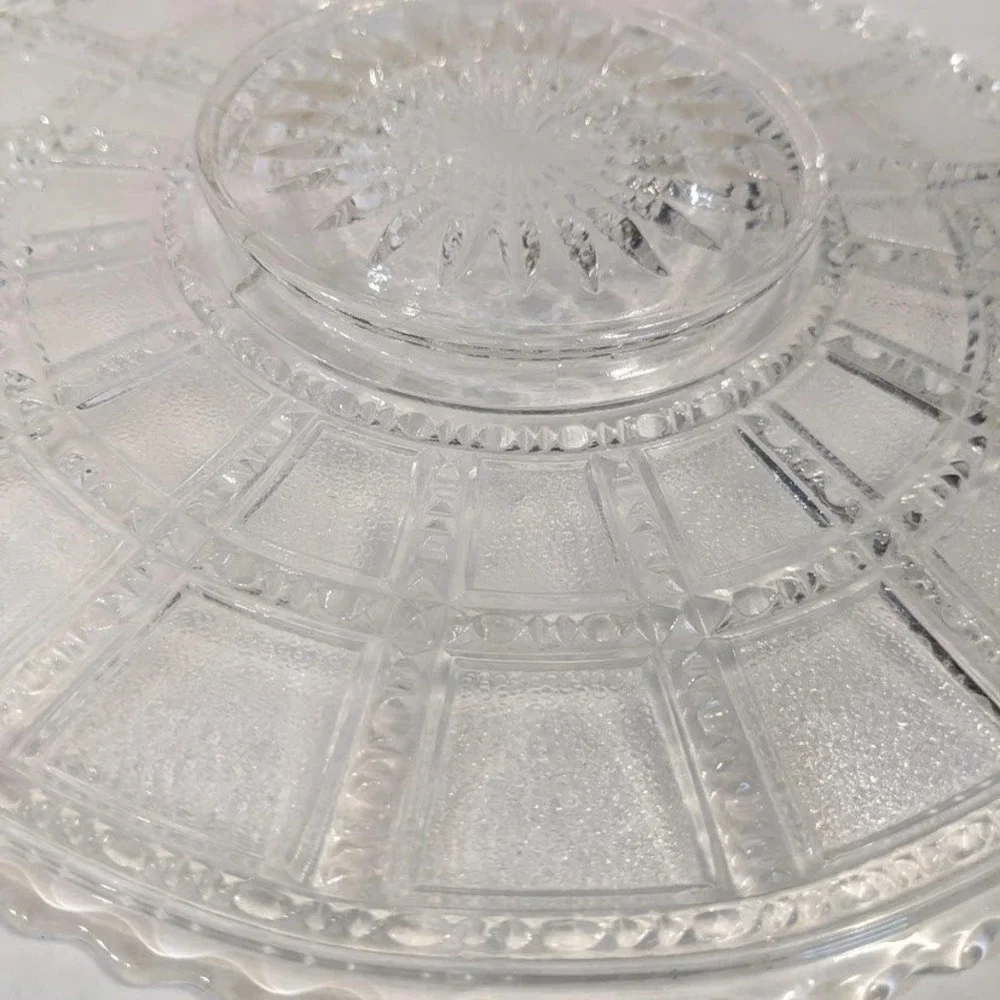 Vintage Clear Pressed Glass Round Platter Sunburst Scalloped Sawtooth Edge